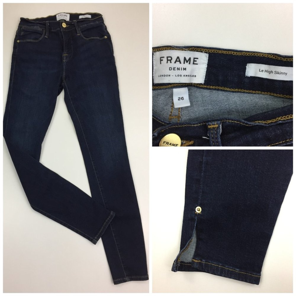 FRAME Le High Skinny Dark Wash Wythe Slit Hem Logo Hardware 5 Pocket Jeans